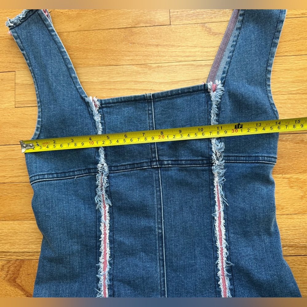 Urban Outfitters Medium Wash Denim Mini Dress with Pink and White Frayed Detail - Picture 6 of 9